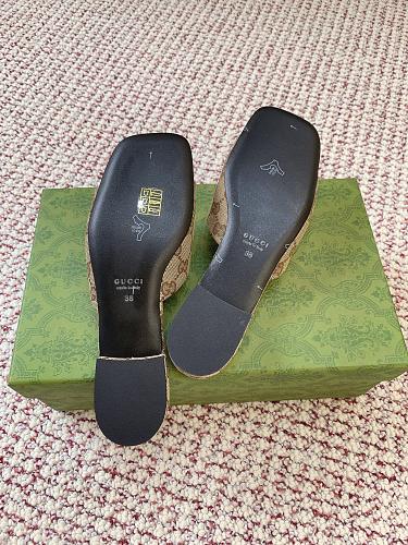 Gucci Women's Slide Sandals in sand and dark brown GG canvas.