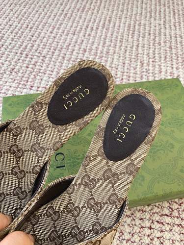 Gucci Women's Slide Sandals in sand and dark brown GG canvas.
